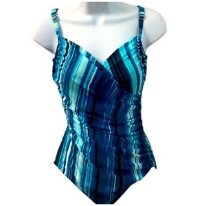 Jantzen Blue Stripe Slimming Tummy Control One Piece Swimsuit